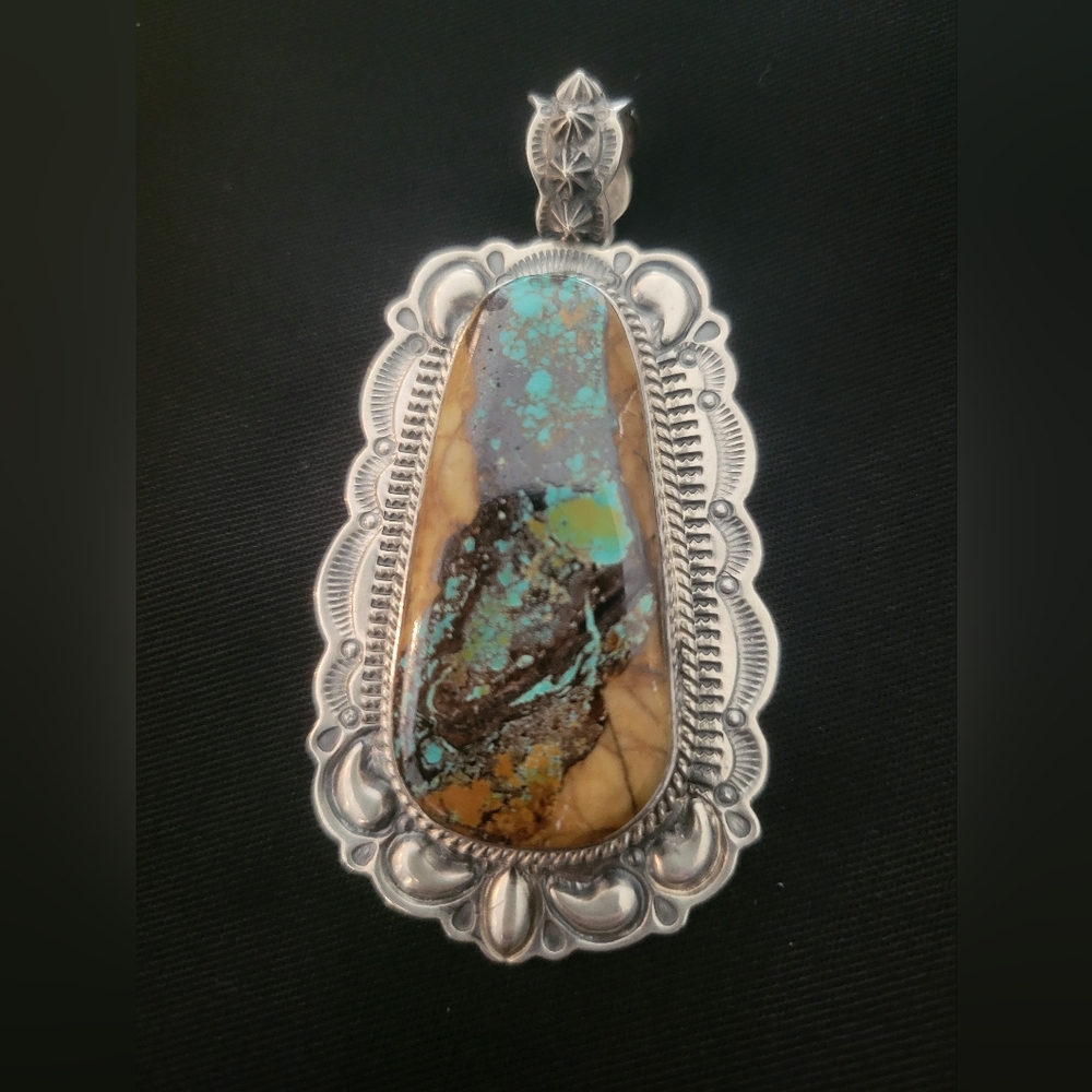 Darryl Becenti Navajo Boulder Turquoise and Silver Pendant